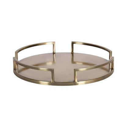 Kate and Laurel Gohana Round Tray with Metal Handles; 16 Inch Diameter; Antique Brass; Modern Glam Serving Tray with Handles for Use as Ottoman Topper or Living Room Decor