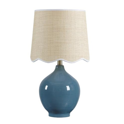 21"H Slate Blue Ceramic Table Lamp with Beige Faux Rattan Drum Shade - color: Slate Blue