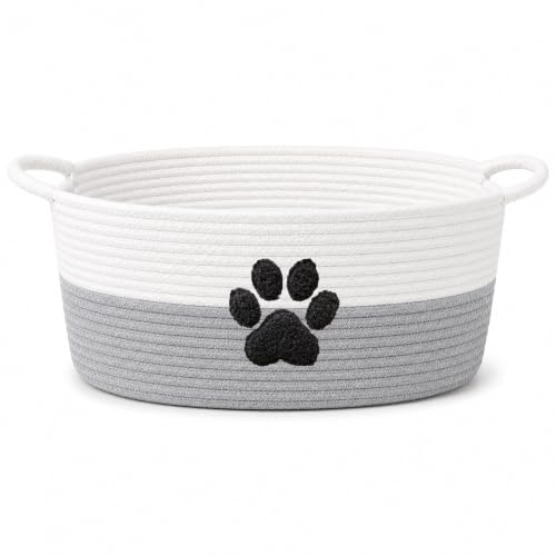 Dog Toy Basket with Handles, Grey Cotton Rope Storage Bin Organizer - color: Grey/White