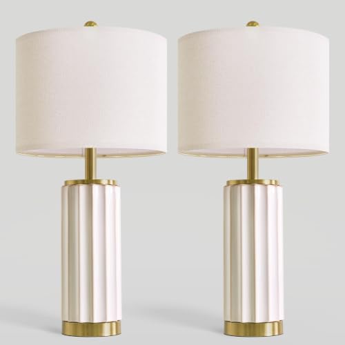 USumkky 25.75" Off-White Ceramic Table Lamp Set of 2, Mid Century Modern Bedside Nightstand Lamps for Bedroom Living Room, Linen Shade & Gold Metal Base, Rotary Switch E26 (Bulbs Excluded) - color: 25.75" Fluted Column-2 Pack