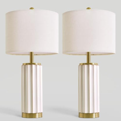 USumkky 25.75" Off-White Ceramic Table Lamp Set of 2, Mid Century Modern Bedside Nightstand Lamps for Bedroom Living Room, Linen Shade & Gold Metal Base, Rotary Switch E26 (Bulbs Excluded) - color: 25.75" Fluted Column-2 Pack