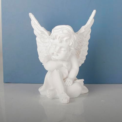 Set of 3 Grey Resin Small Elephant Statues and Set of 2 Cherub Angels Statue Figurine