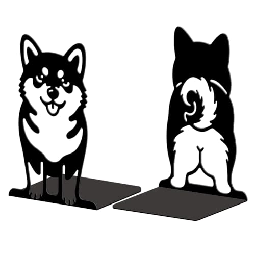 Peacoblue 5.3"x4.3"x7.9" Metal Bookends, Heavy Duty Book Ends for Shelves - style: Cute Shiba Inu
