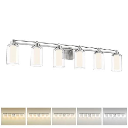HWH 6-Light Bathroom Vanity Light, Clear Glass Shade, 5HLT63B-6W-LED BN - color: Brushed Nickel + LED, size: 6 Lights