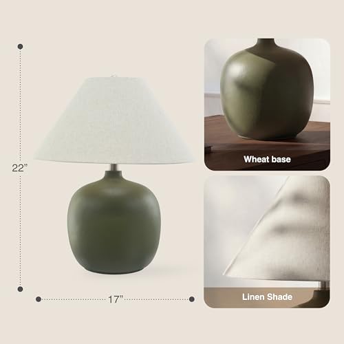 Abani Madeline 20” Table Lamp – Green Ceramic Base with Wheat Linen Tapered Shade, E26 2-Way Bulb Included – Modern Bedside Lamp for Bedroom, Living Room or Nightstand
