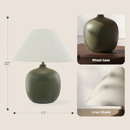 Abani Madeline 20” Table Lamp – Green Ceramic Base with Wheat Linen Tapered Shade, E26 2-Way Bulb Included – Modern Bedside Lamp for Bedroom, Living Room or Nightstand