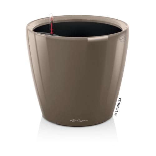 Lechuza Classico LS 35 Shiny Taupe High Gloss, Self-Watering Round Planter, D13.8 H13 in - color: Shiny Taupe, size: D35 H33 cm
