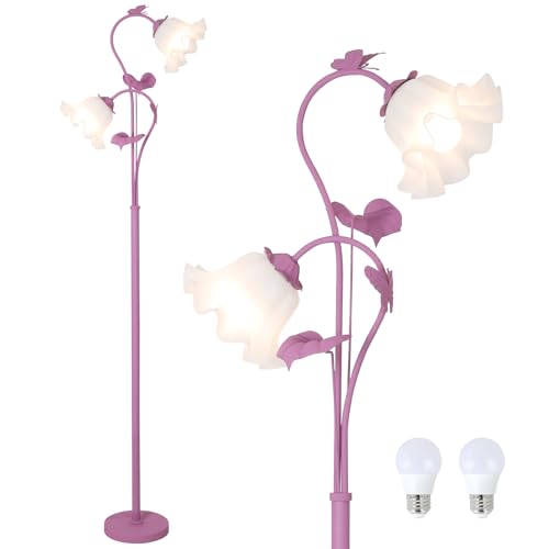 HMVPL Purple Floral Floor Lamp, Girls Flower Floor Lamp for Bedroom, Cute Lotus Standing Lamp with 2 LED 5W Blubs, Foot Switch, Unique Flower Tall Lamp for Living Room Kids Nursery Bedside Corner - color: Purple