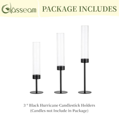 Glasseam Hurricane Taper Candle Holders, 3Pcs Black Candlestick for Mantle - color: Black