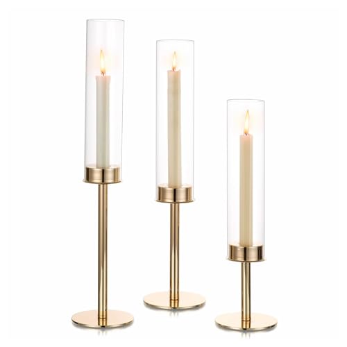 Hewory Gold Candlestick Holders: 3PCS Cylinder Glass Hurricane for Tapers - color: Gold, size: 3pcs