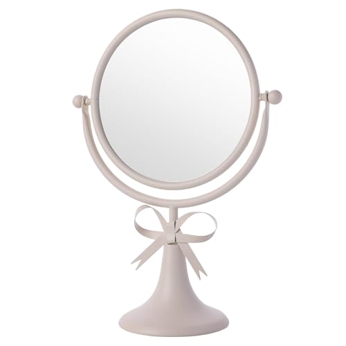 Tabletop Vanity Makeup Mirror with Metal Frame Silver Bow Desk Table Mirror with 360°Adjust Dressing Room Bedroom Bathroom Favor Decor - color: White