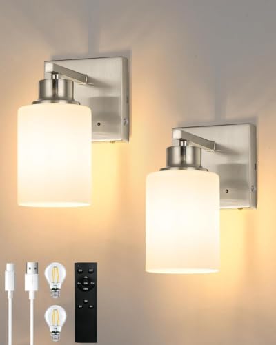 Wireless Battery Operated Wall Sconce Set of Two, Modern White Glass Nickel | Dimmable, Easy Install Rechargeable Wall Lights with Timer Remote for Living Room Bedroom, Emergency 3000K - color: Nickel(White Lampshades)
