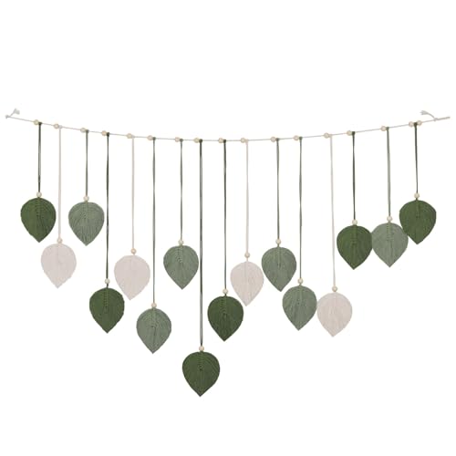 Boho Macrame Leaf Wall Hanging Green Tassel Wall Decor with Wood Beads for Bedroom Living Room Bohemian Home Decor