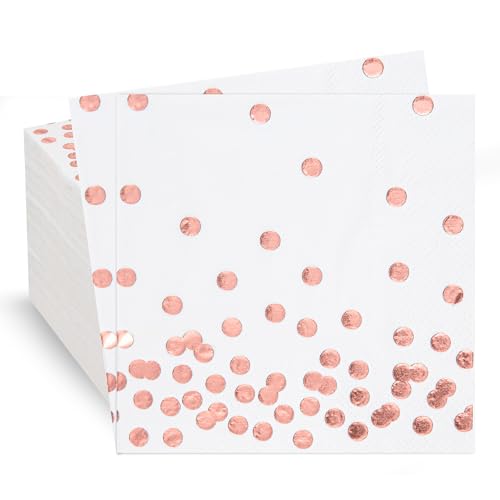 80 Pack of White Paper Cocktail Napkins with Gold Foil Polka Dot Confetti，Polka Dot Party Supplies(5 x 5 in，3-ply) (Rose Gold) - style: Pink Dot