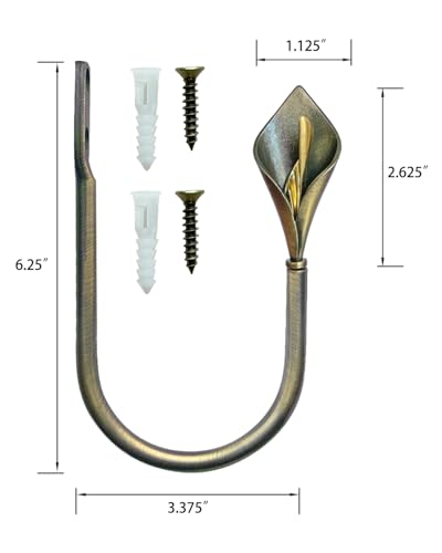 Antique Brass Curtain Holdbacks, Calla Lily Metal Tiebacks Wall Mounted - Decorative Holders for Drapes & Curtains, Heavy Duty Pull Back Hooks - color: Antique Brass