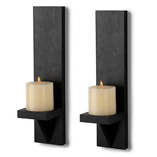 OwnMy 2PCS Wood Wall Candle Sconces Rustic Wall Mount Pillar Candle Sconces - color: Black