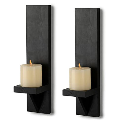 OwnMy 2PCS Wood Wall Candle Sconces Rustic Wall Mount Pillar Candle Sconces - color: Black