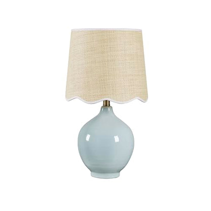 21"H Sky Blue Ceramic Table Lamp with Beige Faux Rattan Drum Shade - color: Sky Blue