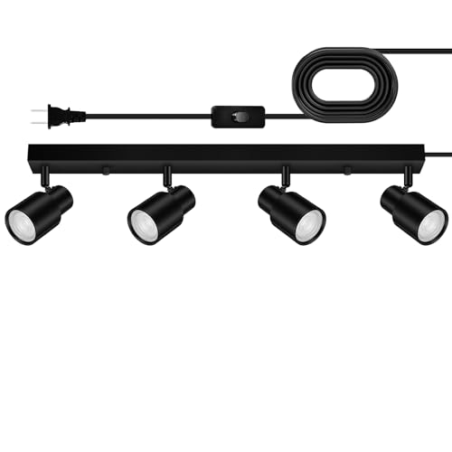 Plug in Track Lighting, 23" LED Track Lighting Fixtures Ceiling, Black 4 Way Spotlight, Rotatable Track Head, Plug in Ceiling Light with Power Cord, Plug Wall Light for Kitchen Hallway(GU10, NO Bulb) - color: Black, size: 23" 4-Light Track Lighting