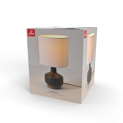Globe Electric 15" Ceramic Table Lamp, Matte Black Base, Wood-Toned Accent, White Linen Shade, Dual Rotary Switch, Modern Bedroom or Office Lighting, 61000046 - color: Black