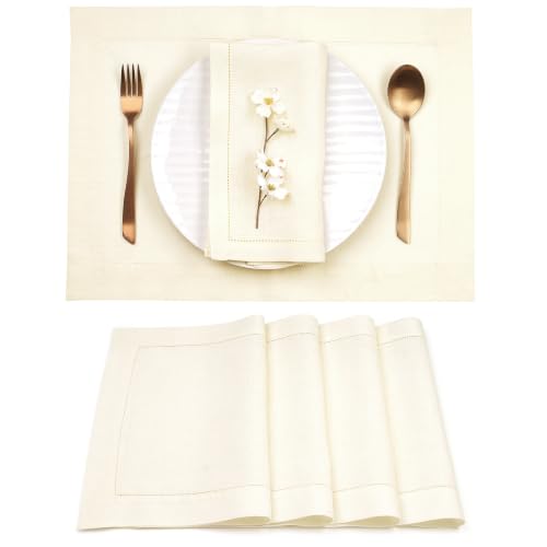 Signature Linen™ by D'Moksha, Cream Placemats Set of 4, 14 x 19 Inch, 100% Pure Linen Table Mats, Hemstitch, Machine Washable Cloth Placemats- Fall, Weddings, Outdoor Hosting - color: Cream, size: Set of 4 (14 X 19 Inch)