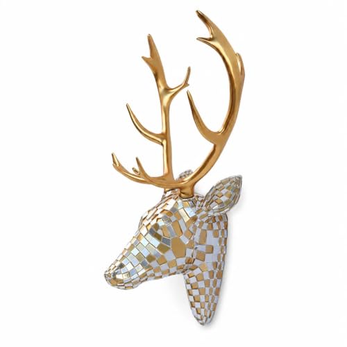 GIGICICI Mosaic Deer Head Wall Decor 15.7x8.7 Inch, Artistic Faux Resin Animal Head Wall Sculpture Hanging for Living Room Bedroom Kitchen Office, Gold-Silver Gift - color: Deer-Gold Silver