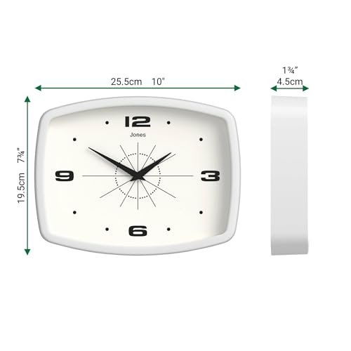 JONES CLOCKS® Movie wall Clock | Rectangular Retro Clock | 10" | White - color: White
