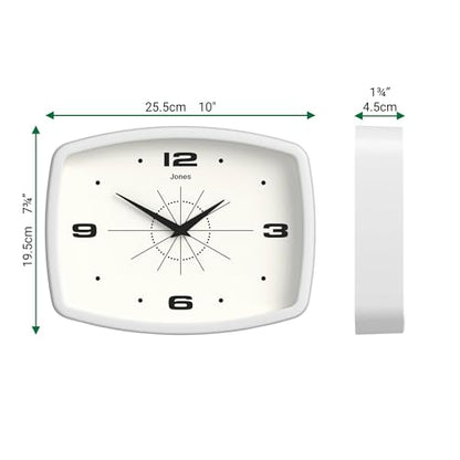 JONES CLOCKS® Movie wall Clock | Rectangular Retro Clock | 10" | White - color: White