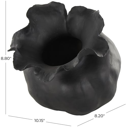 Deco 79 Ceramic Abstract Wide Rounded Floral Shaped Vase with Petal Rim, 8" x 10" x 9", Black - color: Black, size: 8" x 10" x 9"