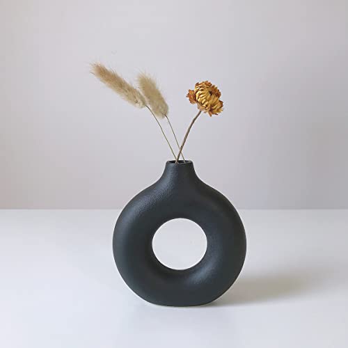 White Ceramic Vases for Pampas Grass,Water Drop Design Doughnut vase Modern Home Decor Minimalist Nordic Boho Ins Style (Black Mini) - color: Black, size: Mini