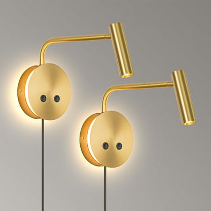 Gold Wall Mounted Reading Light 2 Pack, 3000K Flexible Headboard Reading Sconces with On Off Switch Control, Plug in/Hardwired Wall Light Fixtures with Night Light for Bedside Bedroom Bunk - color: Gold-2 Pack
