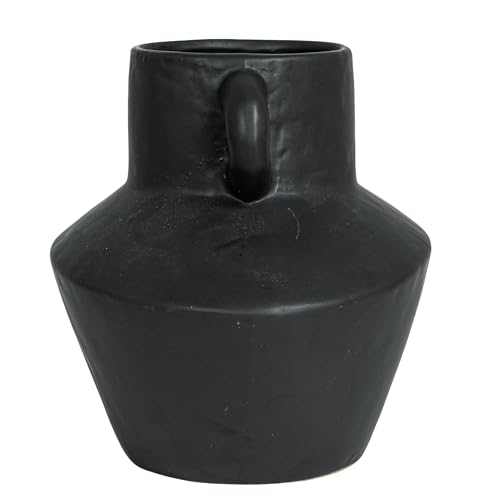Bloomingville Round Stoneware Vase with Reactive Glaze Finish and Vertical Handles, Black - color: Black