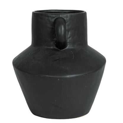 Bloomingville Round Stoneware Vase with Reactive Glaze Finish and Vertical Handles, Black - color: Black