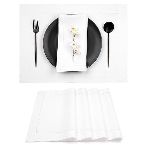 Signature Linen™ by D'Moksha, White Placemats Set of 4, 14 x 19 Inch, 100% Pure Linen Table Mats, Hemstitch, Machine Washable Cloth Placemats- Fall, Weddings, Outdoor Hosting - color: White, size: Set of 4 (14 X 19 Inch)