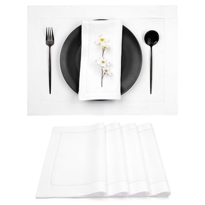 Signature Linen™ by D'Moksha, White Placemats Set of 4, 14 x 19 Inch, 100% Pure Linen Table Mats, Hemstitch, Machine Washable Cloth Placemats- Fall, Weddings, Outdoor Hosting - color: White, size: Set of 4 (14 X 19 Inch)