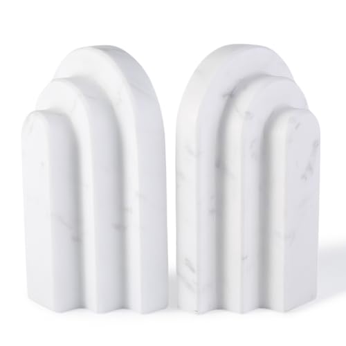 Natural Marble Book Ends - Heavy Duty Bookends for Shelves - Aesthetic Layered Arch Design Stone Book Holders, Decorative Modern Office Bookshelf Stopper Decor for Books/CDs, White - style: Arched-White