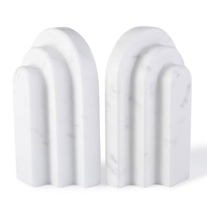 Natural Marble Book Ends - Heavy Duty Bookends for Shelves - Aesthetic Layered Arch Design Stone Book Holders, Decorative Modern Office Bookshelf Stopper Decor for Books/CDs, White - style: Arched-White