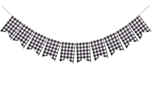 Buffalo Check Plaid Banner for Christmas Mantel Decorations | Black and White Gingham Bunting Garland, Autumn Baby Shower Birthday Party Supplies