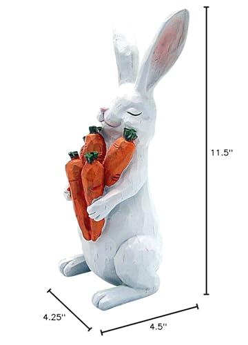 Wowser White Easter Bunny Figurine with Carrot Bundle, 11.5” Freestanding Rabbit Statue, Spring Tabletop & Shelf Decor, Farmhouse Easter Decoration
