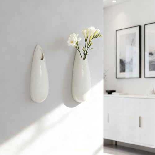 White Ceramic Wall Vases, Set of 2, 7.9 Inch, Teardrop Design - color: 2pcs-medium