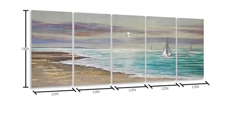 YHSKY ARTS Beach Theme Metal Wall Art - 5 Panels Aluminum Sea Waves Sculpture - color: Beach Wall Art, size: 64x24IN