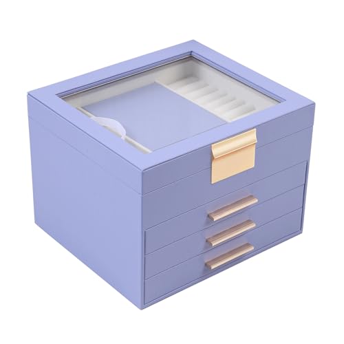 BOOVO Clear Lid Jewelry Box,3 Layers Jewelry Organizer Large Jewelry Storage Box with 2 Drawers,Jewelry Holder Organzier of Rings Earrings Necklace Bracelets for Women (Purple, 4 Layer) - color: Purple, size: 4 Layer