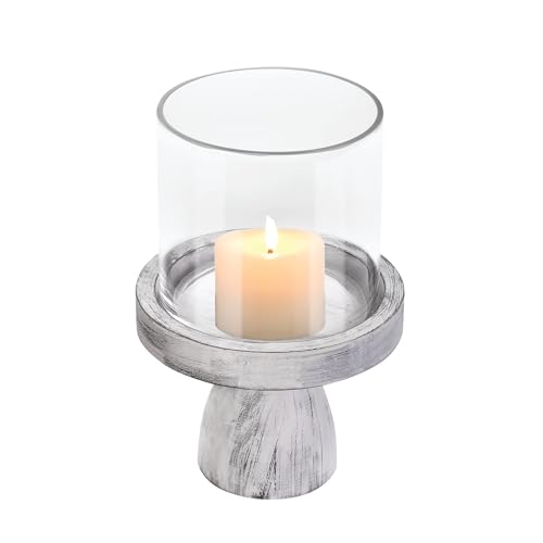 7" Wide Farmhouse Glass Hurricane Candle Holder & Glass Vase with Distressed White Sturdy Solid Wooden Base for Pillar & Flower Arrangement, Terrarium, Centerpiece, Console Table, Dining Table, Mantel - color: Rustic White, size: 7"x10"