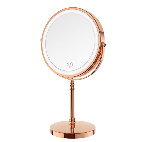 DEIOVWXS Makeup Mirror, Rechargeable Vanity Mirror with 3 Lights, 1X/10X - color: Rose Gold