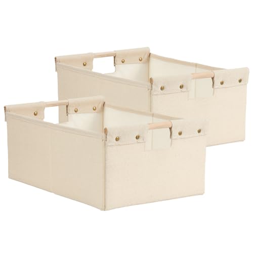 2PCS Storage Bins Cotton Linen Fabric Storage Boxes Baskets - color: Beige, size: Large (Pack of 2)