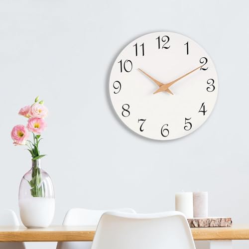 Mosewa Wall Clock Silent Non-Ticking Battery Operated Simple Wooden 14" - color: F_white, size: 14 Inch
