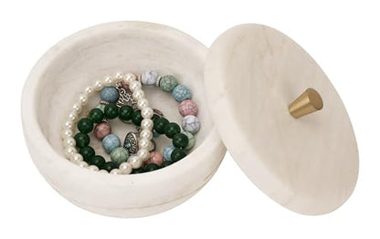 White Marble Storage Box with Copper Knob – Round Decorative Organizer for Jewelry, Trinkets, Bathroom or Office – Natural Marble with Soft Padded Bottom, 5" Diameter x 3.7" H, 3.3 lb