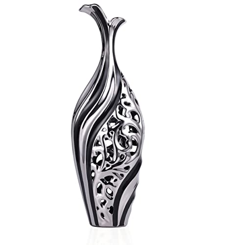 19 inch Tall Floor vase, Black and Silver Ceramic vase, Pottery Decorative vase, Unique Pampas Grass vase Suitable for Living Room Floor, Home Office, Porch Home Centerpiece Decorative Large vase - color: L-black Silver