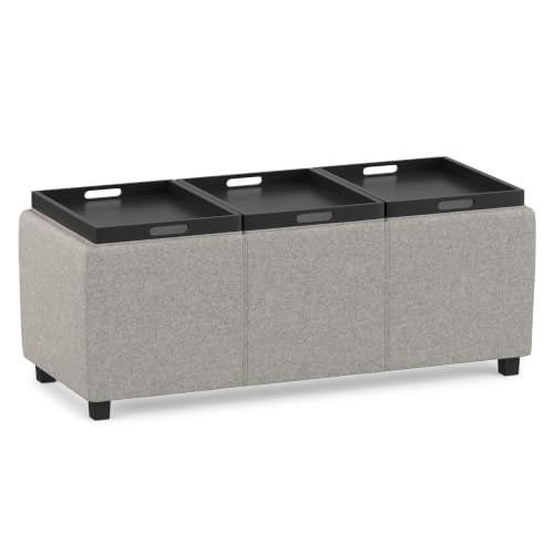 SIMPLIHOME Avalon 42" Wide Linen Look Fabric Storage Ottoman in Cloud Grey - color: Cloud Grey