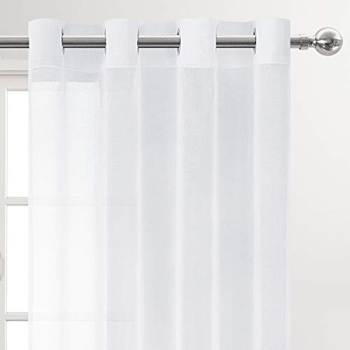 DWCN White Sheer Curtains, Faux Linen Look Grommet Window Semi Sheer Curtains Drapes for Bedroom Living Room Set of 2 Panels, 52 x 90 Inch Long - color: White, size: 52"W x 90"L (Pack of 2)